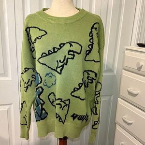 Green Dinosaur Sweater 90s Retro O Neck Casual Loose Knit Pullover Sz XL